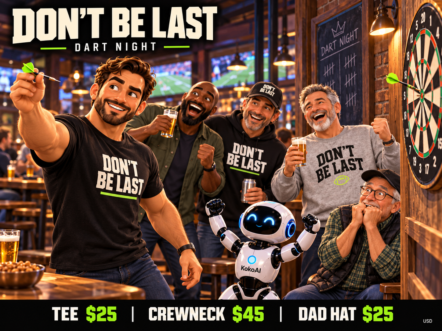 Friends celebrating a dart throw, wearing DBL tees, hoodies, crewneck and dad hat