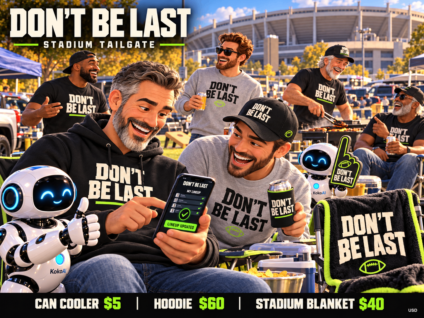 Tailgaters in DBL hoodies and dad hats checking a lineup on a phone outside a stadium