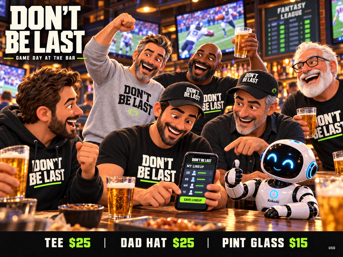 Friends wearing DBL tees and dad hats watching games at a bar with a pint glass on the table