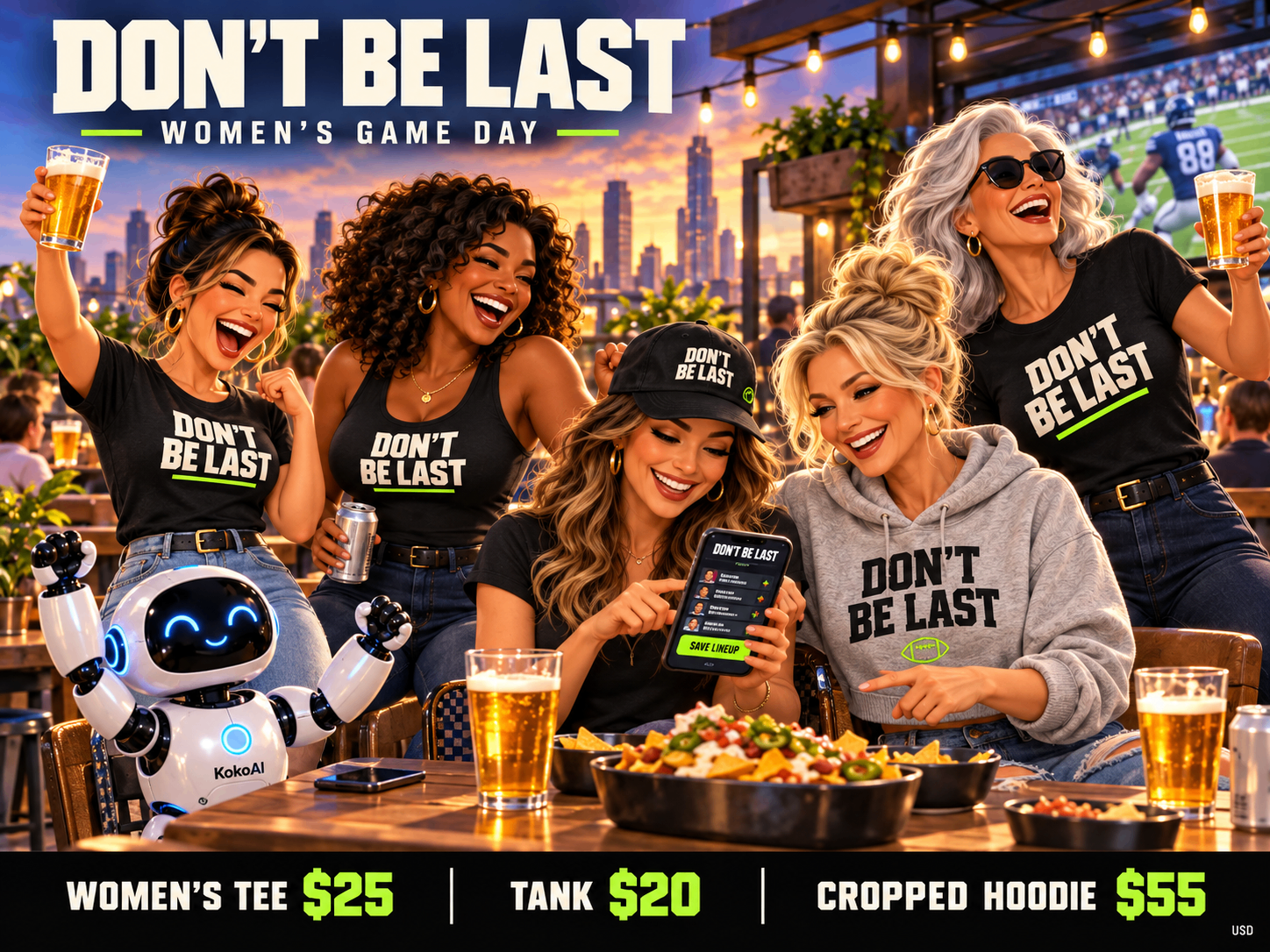 Women celebrating game day in DBL tees, tank and cropped hoodie on a rooftop