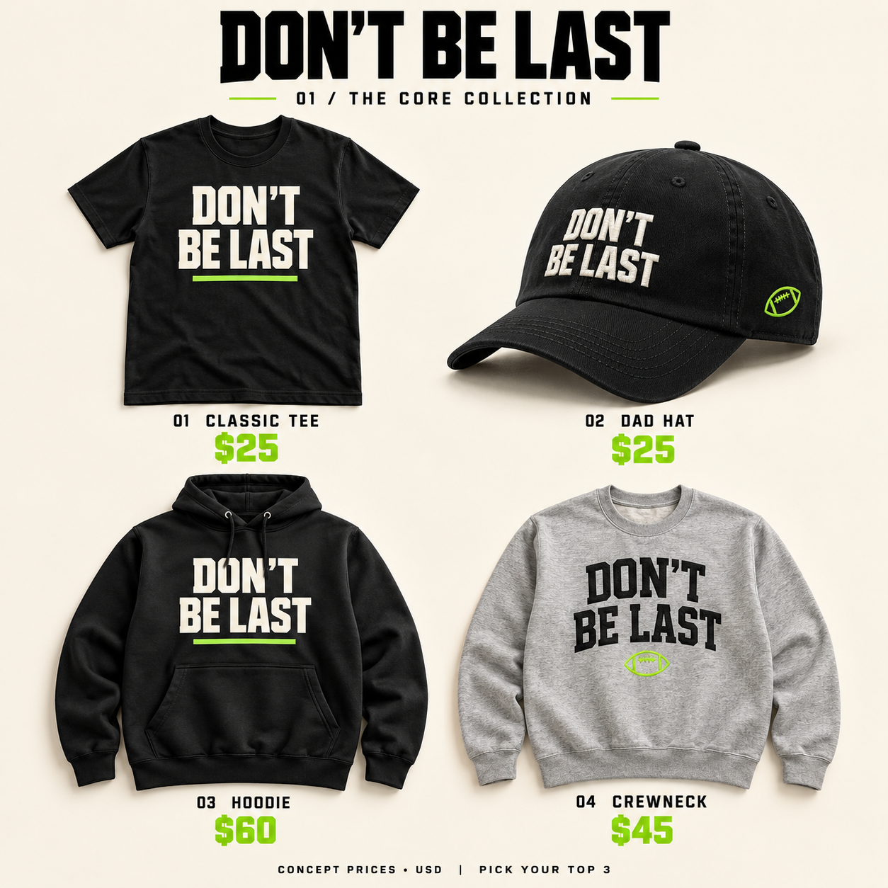 DBL Core Collection: classic tee, dad hat, hoodie and crewneck