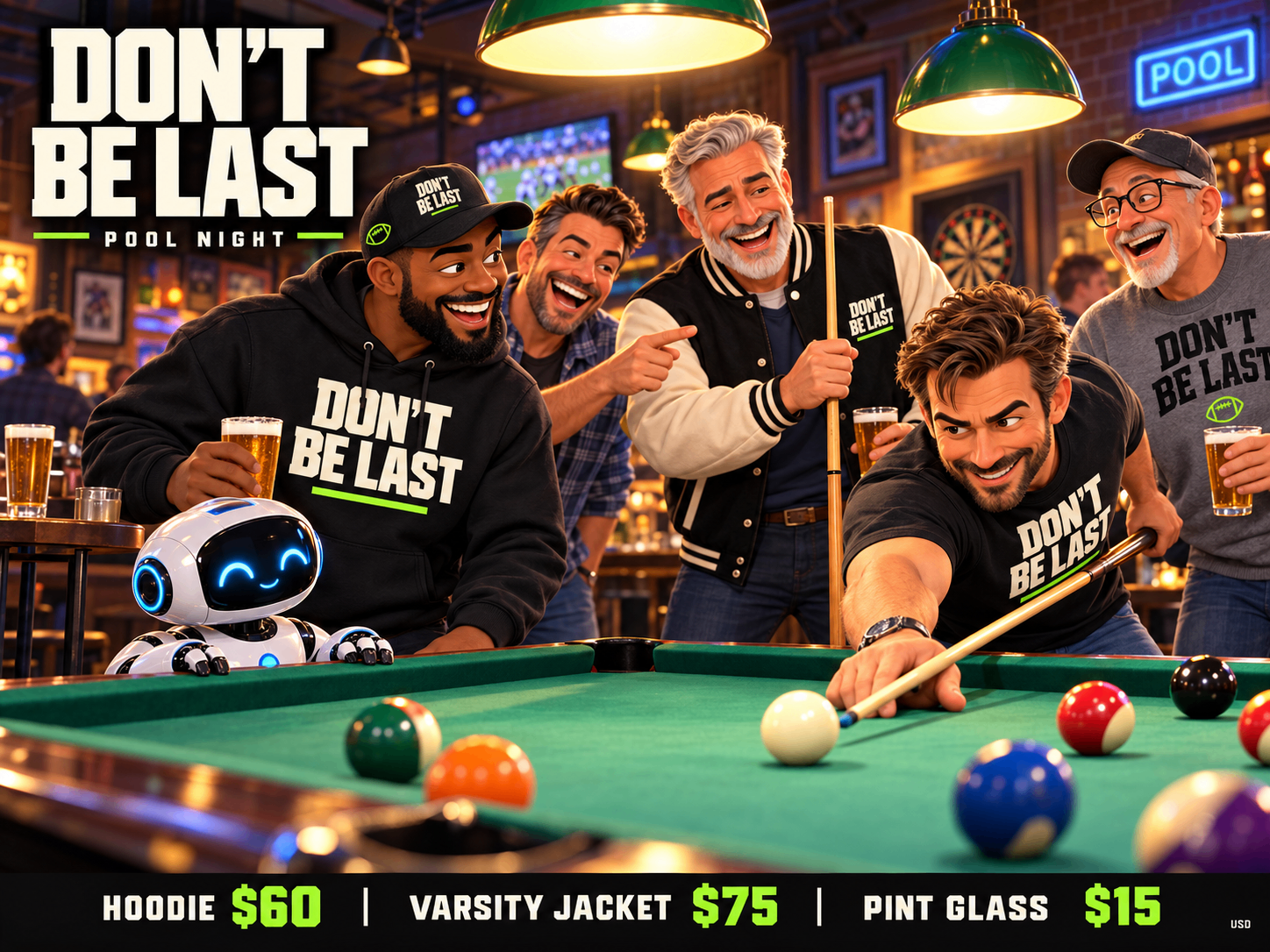 Friends playing pool wearing DBL hoodies, varsity jacket and pint glasses nearby